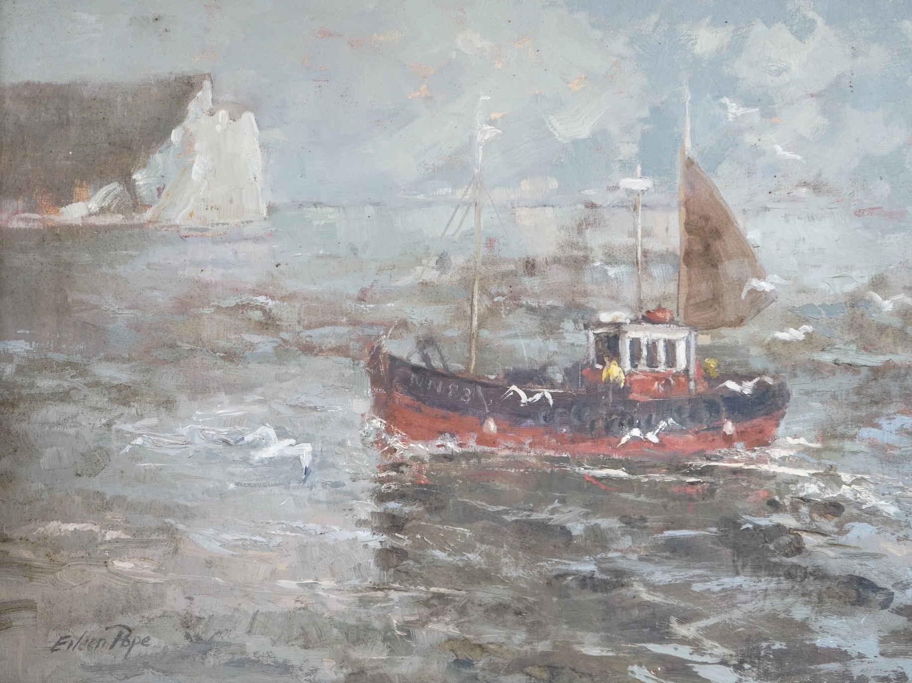 Eileen Pope, Impressionist oil on board, Newhaven, East Sussex, Fishing boat, signed, 36 x 49cm. Condition - fair to good